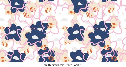 Colorful seamless vector pattern with abstract floral elements in shades of pink, white and navy. Playful and modern, perfect for textiles, wallpapers, packaging, fashion, stationery, digital project