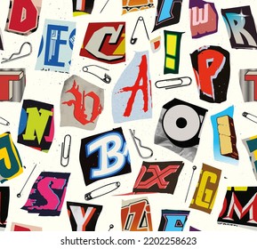 Colorful seamless vector pattern alphabet letters and numbers clippings in typographic composition with pins and clips in the style of grunge,punk and ransom color design.