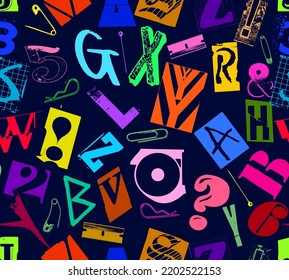 Colorful seamless vector pattern alphabet letters clippings in typographic composition with pins and clips in the style of grunge, punk and ransom color design on dark black background.