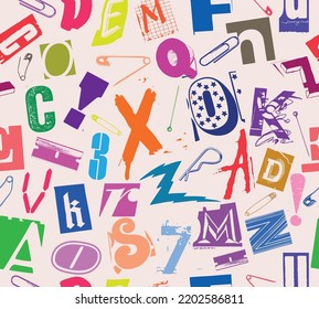 Colorful seamless vector pattern alphabet letters clippings in typographic composition with pins and clips in the style of grunge, punk and ransom color design.