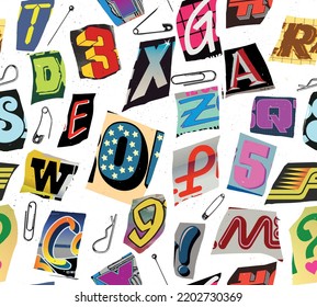 Colorful seamless vector pattern alphabet letters and numbers clippings in typographic composition with pins and clips in the style of grunge,punk and ransom color design.