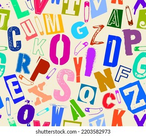 Colorful seamless vector pattern alphabet letters clippings in typographic composition with pins and clips in the style of grunge, punk and ransom color design.