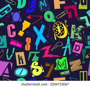 Colorful seamless vector pattern alphabet letters clippings in typographic composition with pins and clips in the style of grunge, punk and ransom color design on dark black background.