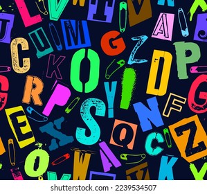 Colorful seamless vector pattern alphabet letters clippings in typographic composition with pins and clips in the style of grunge, punk and ransom color design on dark black background.