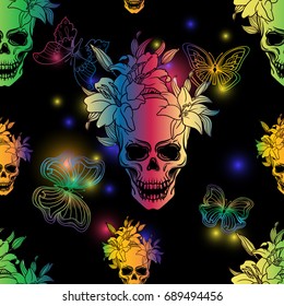 ?ute colorful seamless vector pattern background illustration with butterflies,skulls and lily flowers. Rainbow colors. Fashion boho chic hipster style. Original teenage design. Halloween creative