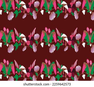Patrón vectorial colorido sin fisuras con mariposa, hongos y elementos florales sobre fondo de color rojo de la sangre.