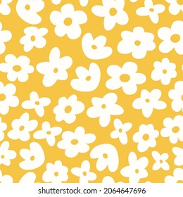 Colorful seamless vector pattern with cartoon flowers. Cute groovy elements, fun modern illustration, midcentury art