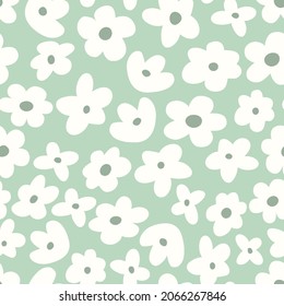Colorful seamless vector pattern with cartoon flowers. Cute groovy elements, fun modern illustration, midcentury art