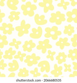 Colorful seamless vector pattern with cartoon flowers. Cute groovy elements, fun modern illustration, midcentury art