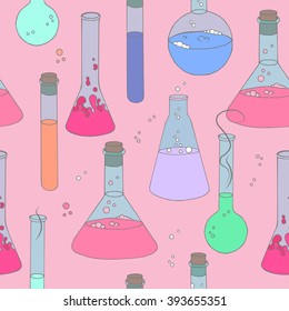Colorful seamless vector pattern with chemical glassware in hand drawn style. Colorful  background with magic potions.