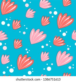 Colorful seamless vector pattern with coral seashells in doodle style on aquamarine background. Cute and trendy summer pattern. Nice for textile and fabric print. EPS8 vector.