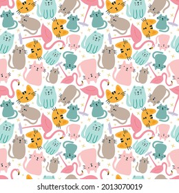 colorful seamless vector pattern with cute animals on the background