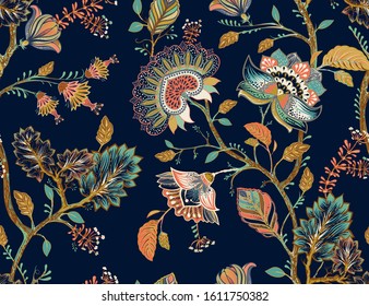 Colorful seamless vector pattern with decorative flowers and plants. Indian style, indonesian batik. Dark floral wallpaper, vector clipart. Design for fabric, textile, background, shawl, cover, rug