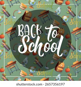 Colorful seamless vector pattern with desks, books, globes, microscopes and Back to School text. Perfect for covers, packaging, banners, educational printables and social media posts.
