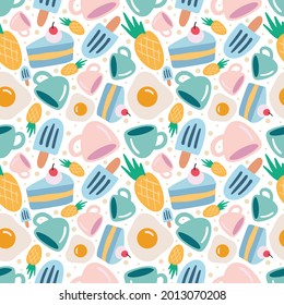 colorful seamless vector pattern with dessert food and cup on the background