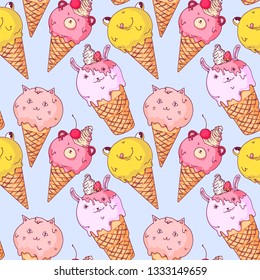 Colorful seamless vector pattern in doodle style with ice cream animals. Cute retro style, decorative illustration