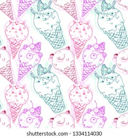 Colorful seamless vector pattern in doodle style with ice cream animals. Cute retro style, decorative illustration