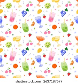 Colorful seamless vector pattern with doodle cocktails. Hand-drawn style drinks like Margarita, Mojito, Martini with playful lines. Ideal for packaging, fabric, wallpapers, web backgrounds.