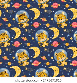 Colorful seamless vector pattern featuring cute leopard astronaut, planets, stars, and moons on a dark background, ideal for children's designs. Cartoon style