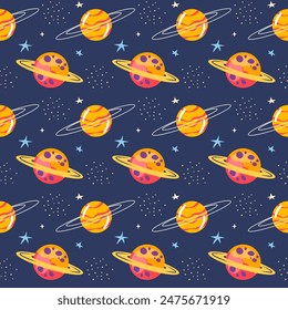 Colorful seamless vector pattern featuring planets and stars on a dark background, cartoon style, ideal for children's designs.