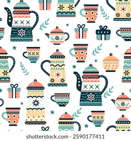 Colorful Seamless Vector Pattern Featuring Decorative Teapots, Cups, And Gift Boxes In A Folk Art Style With Floral Elements  