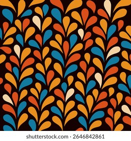 Colorful seamless vector pattern featuring abstract floral teardrop motifs in orange, blue, red, and cream tones on a rich dark brown background