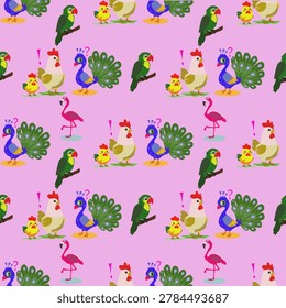 Colorful seamless vector pattern featuring peacock, parrot, flamingo, hen and chick. Cute nursery textile design for fabric, wallpaper, wrapping paper and baby products.