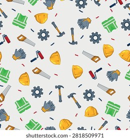 Colorful seamless vector pattern featuring construction tools, safety helmets, gloves, safety vests, gears, hammers, and shovels. Perfect for industrial backgrounds, packaging, wallpapers, textiles, and construction themed branding.