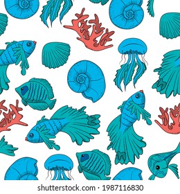 colorful seamless vector pattern with fishes, seashells, coral, jellyfish.
