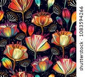 Colorful seamless vector pattern with flowers and plants. Colored hand drawn decorative poppies on the dark background. Bright floral backdrop. Floral motif vector backdrop