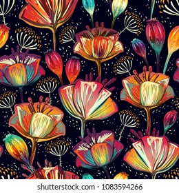 Colorful seamless vector pattern with flowers and plants. Colored hand drawn decorative poppies on the dark background. Bright floral backdrop. Floral motif vector backdrop