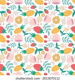 colorful seamless vector pattern with food and cup on the background