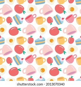 colorido patrón vectorial sin costura con alimento y taza en el fondo
