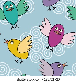 colorful seamless vector pattern with funny flying birds