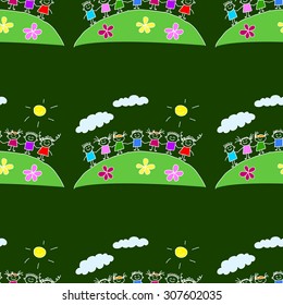 Colorful seamless vector pattern. Green blackboard. Kids drawing style