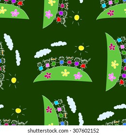 Colorful seamless vector pattern. Green blackboard. Kids drawing style