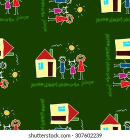 Colorful seamless vector pattern. Green blackboard. Kids drawing style