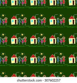 Colorful seamless vector pattern. Green blackboard. Kids drawing style