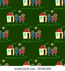 Colorful seamless vector pattern. Green blackboard. Kids drawing style