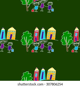 Colorful seamless vector pattern. Green blackboard. Kids drawing style