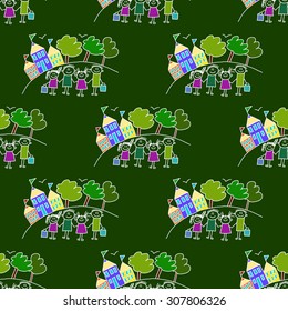 Colorful seamless vector pattern. Green blackboard. Kids drawing style
