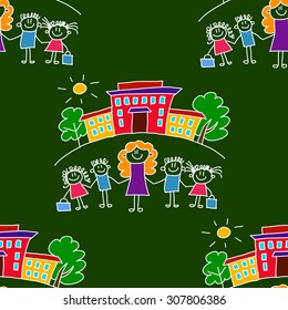 Colorful seamless vector pattern. Green blackboard. Kids drawing style