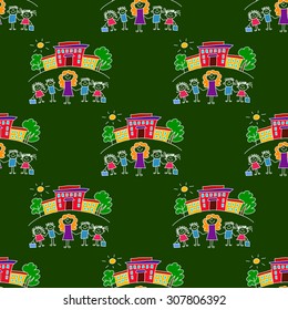 Colorful seamless vector pattern. Green blackboard. Kids drawing style