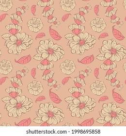 Colorful Seamless Vector Pattern with Hand drawn flowers - for fabrics, clothing, holidays, packaging paper, decoration.