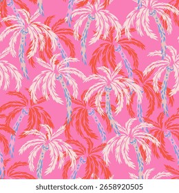 Patrón colorido de Vector sin fisuras con palmeras tropicales dibujadas a mano en tonos blancos, naranjas y azules sobre un fondo rosa brillante. Exótico, dinámico y de moda para textiles de verano, Fondos de pantalla