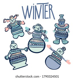 Colorful seamless vector pattern illustration card with snow people in sweaters