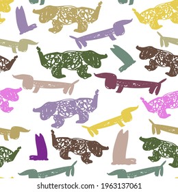 Colorful seamless vector pattern illustration design of cute hand drawn sketched dogs on white background. The design is perfect for decorations, dogs goods and stuff, packaging, backgrounds.