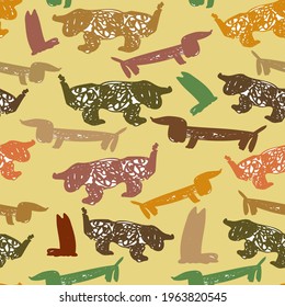 Colorful seamless vector pattern illustration design of cute hand drawn sketched dogs in pastel colors. The design is perfect for decorations, dogs goods and stuff, packaging, backgrounds.