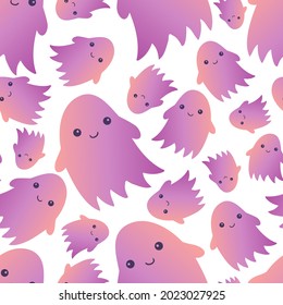 Colorful seamless vector pattern illustration of cute smiling ghosts in pastel purple tones. Happy Halloween decorative design. Perfect for decorations, cards, advertisements, stickers
