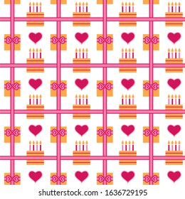 Colorful seamless vector pattern for kids' birthdays. Cute pink and yellow cakes with candles, gift boxes and hearts. Perfect for wrapping paper and other elements of celebration. 